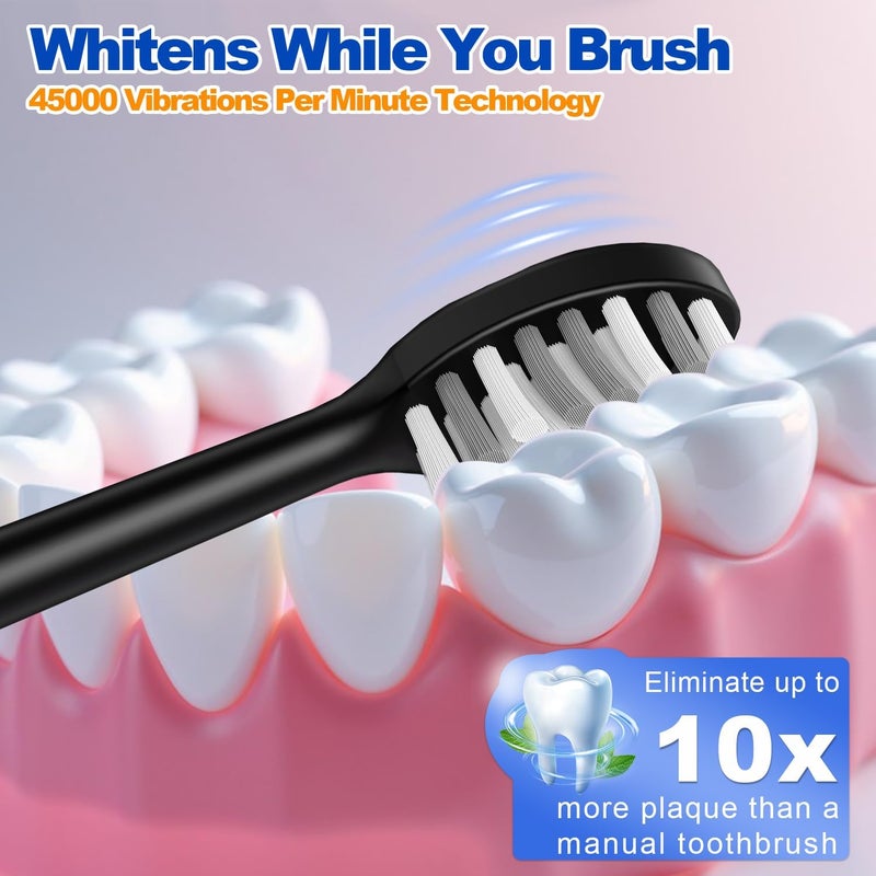 FXQQZZ Electric Toothbrush for Adults and Kids, with Tongue Scraper and Travel Case, 8 Brush Head, Smart Timer & 4 Modes Rechargeable Toothbrush, 42000 VPM Deep Clean, One Charge Last 90 Days - Black - Image 2
